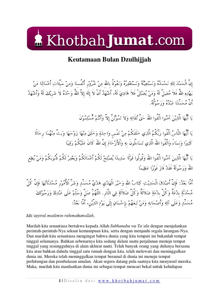 Khutbah Jumat 15 Mei 2026: Keutamaan Bulan Dzulhijjah dan Kemuliaan Ayah