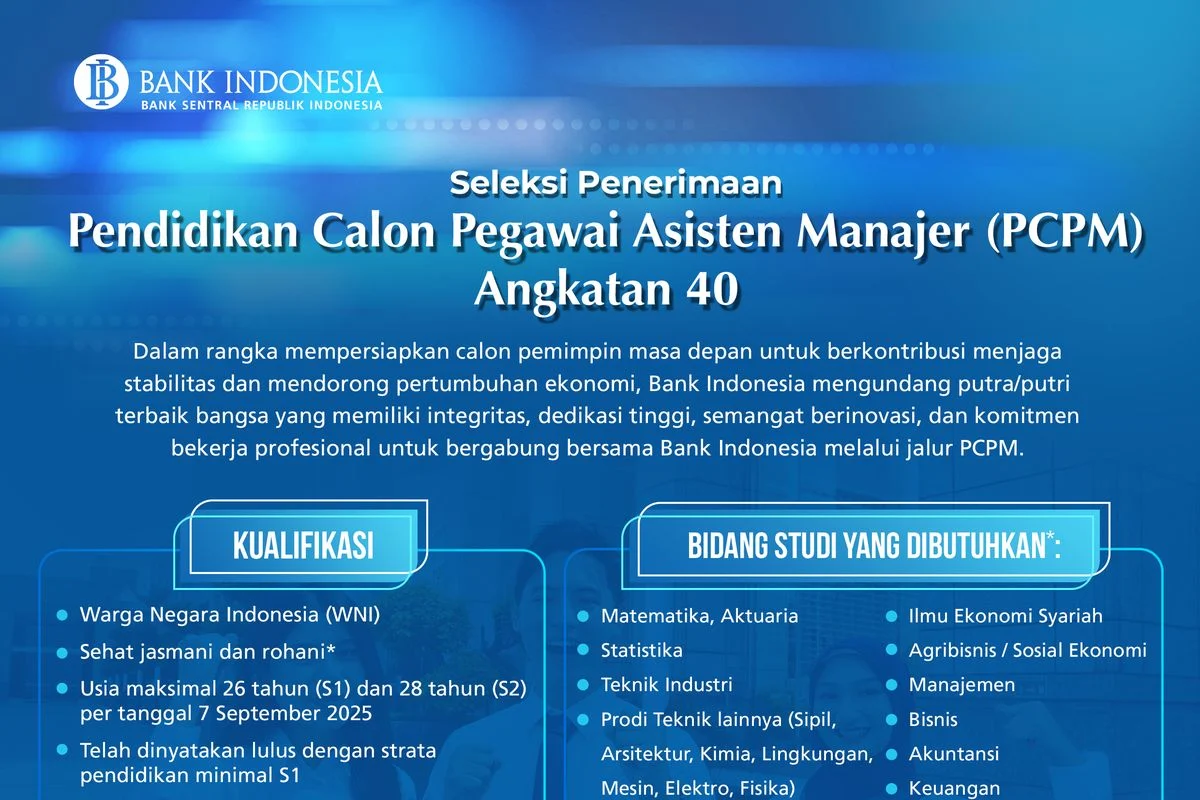 Rekrutmen PCPM BI Angkatan 41 Dibuka, Ini Syarat dan Cara Daftarnya